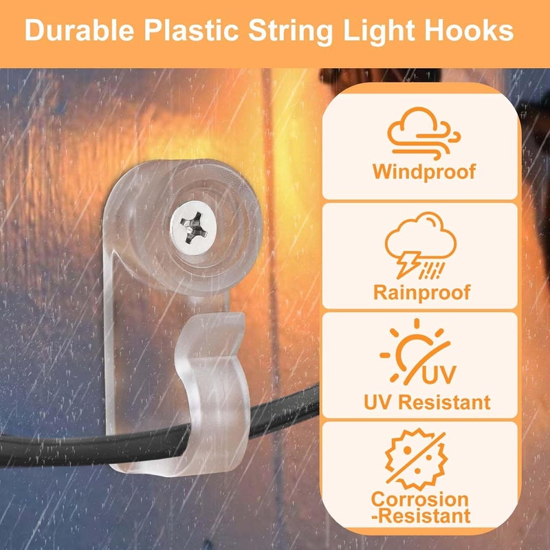 Dapute 50 Pack Hooks for Outdoor String Lights, Christmas Light Clips bulk with Screw, Weatherproof Light Hanger Hooks for Hanging Christmas Lights,Wall Cable,Fairy Lights on Fence Patio Gutter (Clear) - Image 3